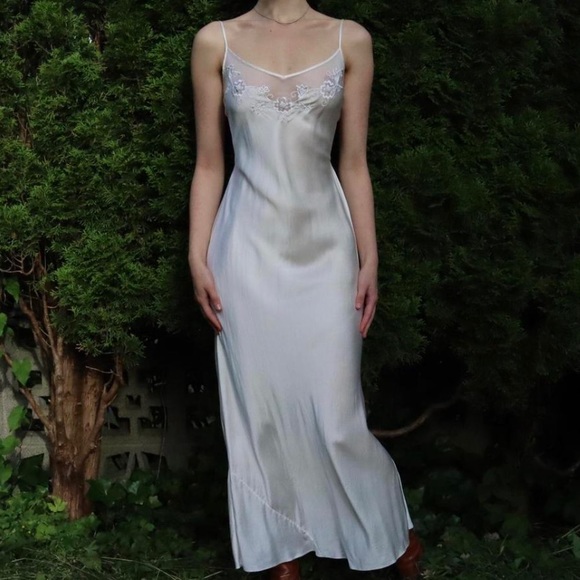 Vintage Dresses & Skirts - Vintage Y2K Backless 100% Silk Dress Mesh Bodice Beaded Silk Dress